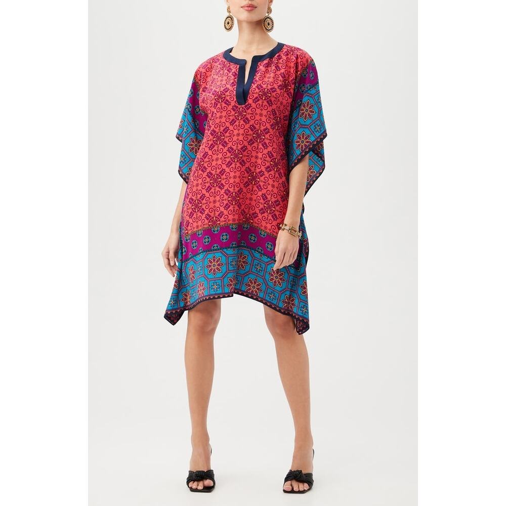 Trina Turk Theodora Caftan XS/S 100% Silk Resort Mini Dress Coverup Scarf Print